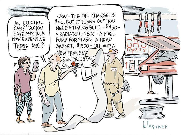 One-panel cartoon showing a mechanic explaining high car repair costs related to climate change topics.