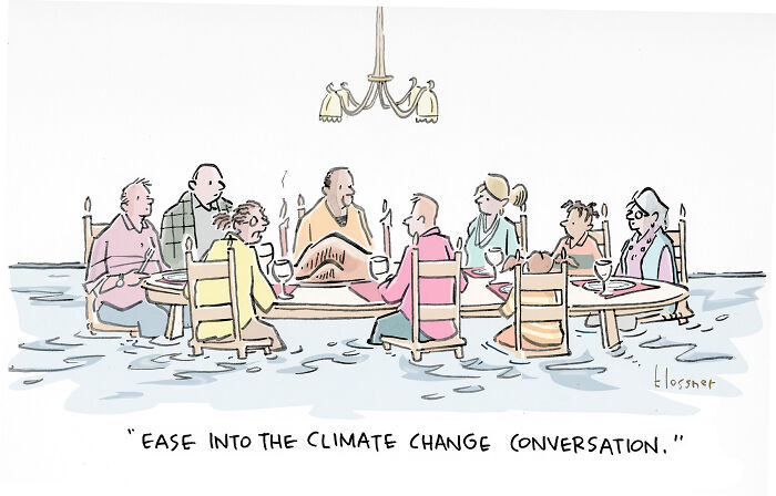 One-panel cartoon by a non-profit showing people at flooded dinner table easing into climate change conversation.