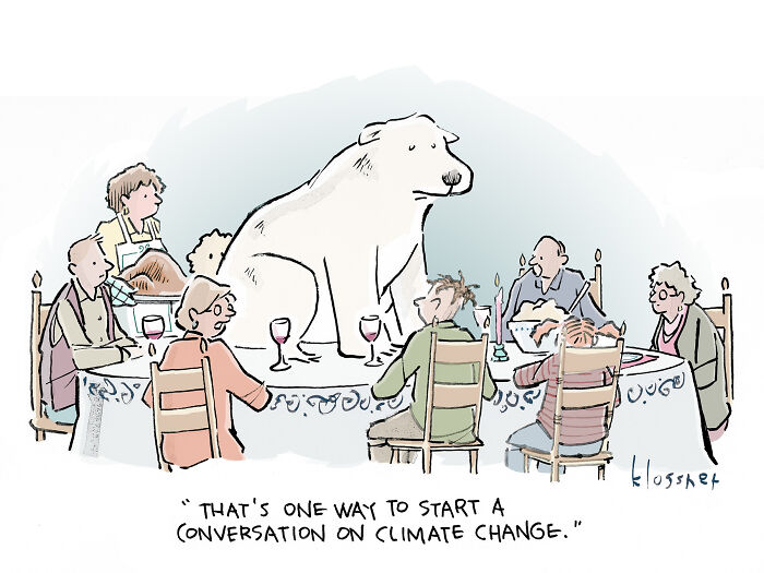 A one-panel cartoon shows people around a table with a polar bear, highlighting climate change awareness.