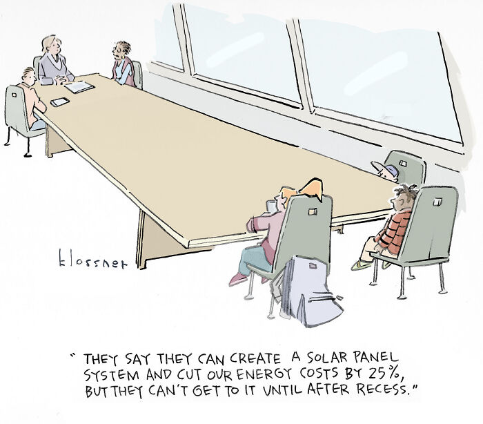 Cartoon of children in a classroom discussing solar panel systems and energy cost savings addressing climate change.