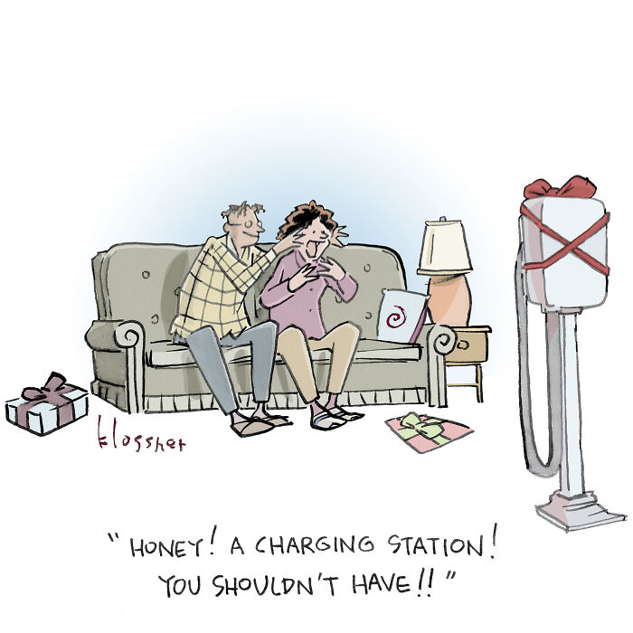 Cartoon showing a couple on a couch reacting to an electric vehicle charging station gift, highlighting climate change themes.