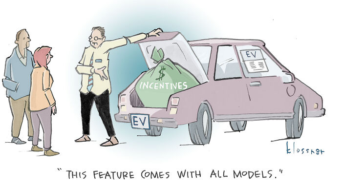 One-panel cartoon from a non-profit illustrating climate change with electric vehicle incentives and a money bag.