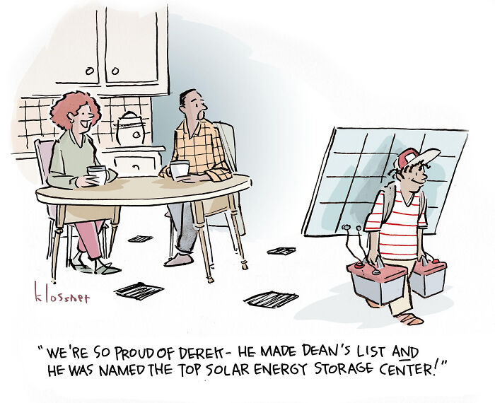 Cartoon of a family discussing climate change and solar energy storage with a boy carrying solar panels and batteries.