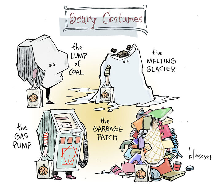 One-panel cartoon by a non-profit showing climate change themes with characters dressed as coal, glacier, gas pump, and garbage patch.