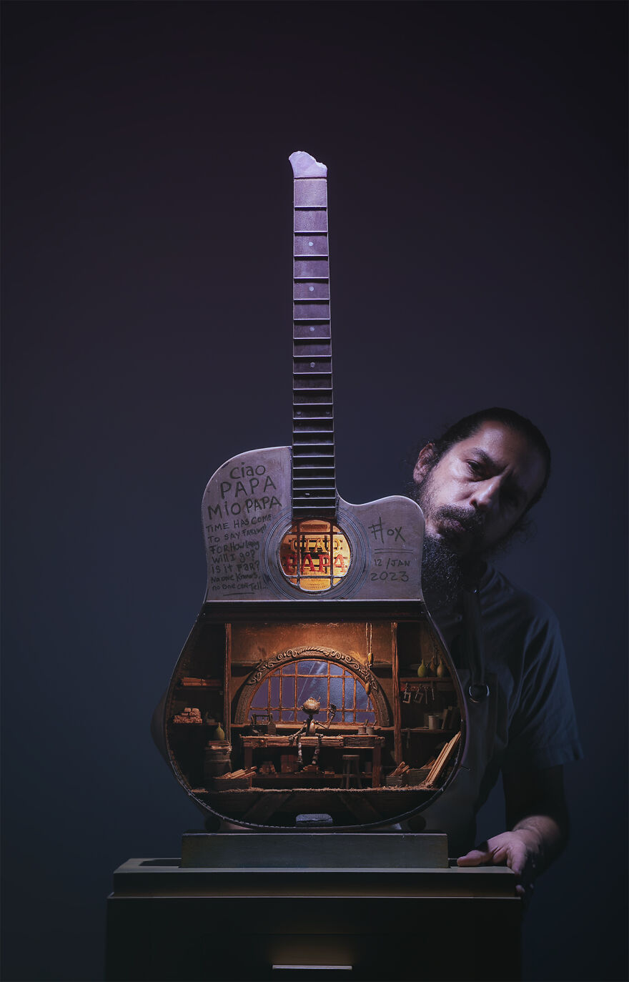I Crafted My Own Pinocchio Diorama Inside A Guitar (10 Pics)