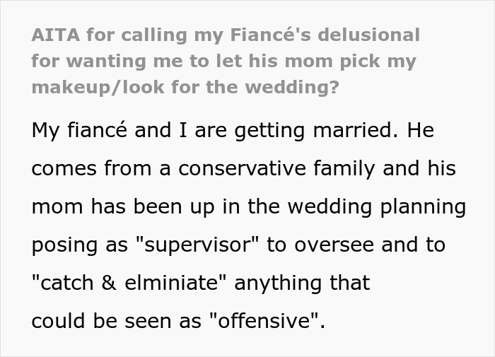Bride-To-Be&rsquo;s 'Monster-In-Law' Won&rsquo;t Allow Her To Wear The Makeup She Wants And Her Future Husband Is On His Mother&rsquo;s Side
