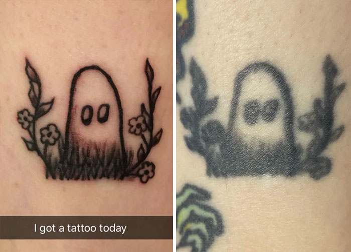 Before and after comparison of a ghost tattoo showing how aged tattoos change over time.