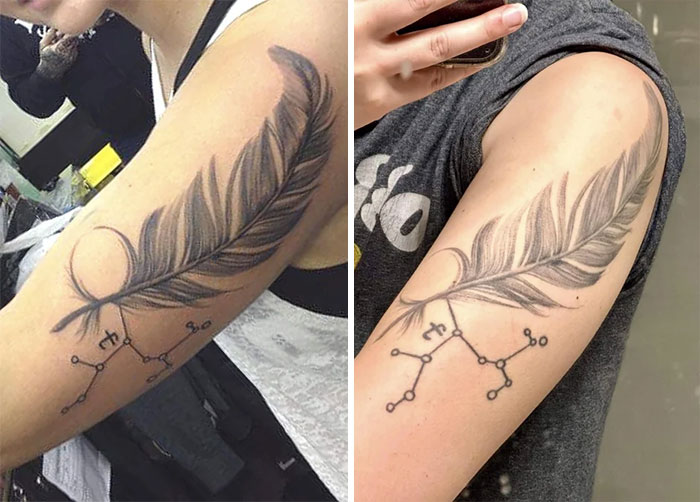 Aged tattoos on arms showing fading feather design over time.