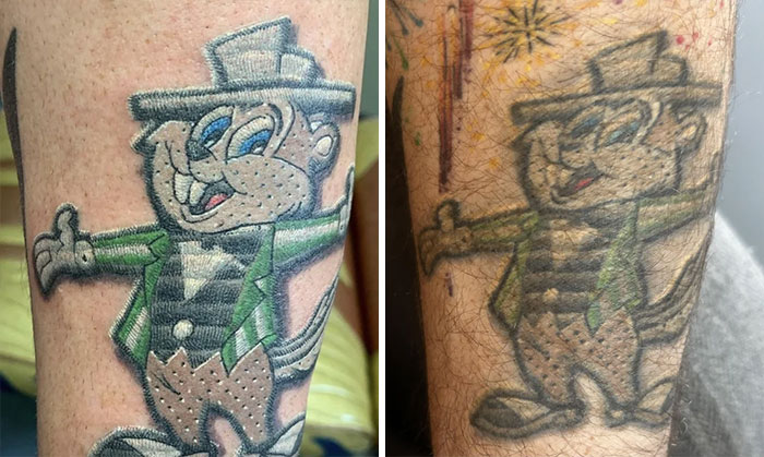 Old cartoon character tattoo showing aging effects with faded colors and blurred lines over time.