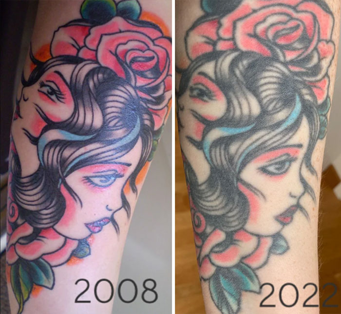 Aged tattoos showing color fading and line blurring from 2008 to 2022.
