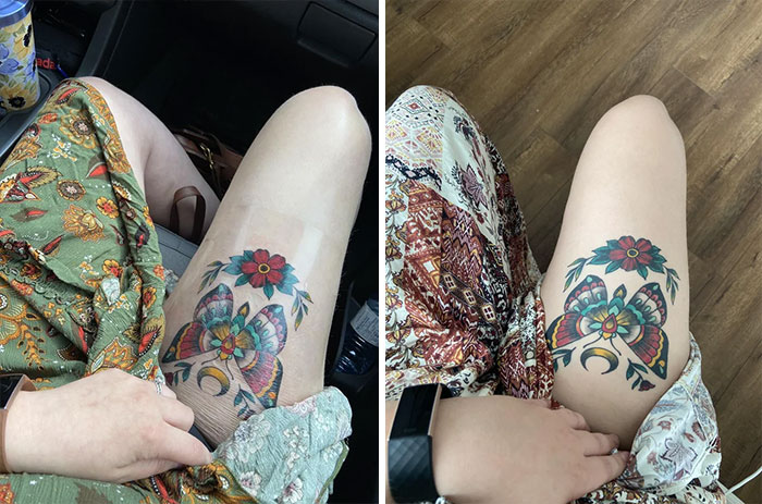 Comparison of aged tattoos showing how the ink colors and lines change over time on a person's leg.