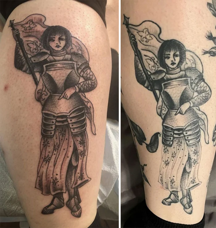 Aged tattoo of a medieval figure holding a flag, showing how ink changes over the years with fade and line blur.