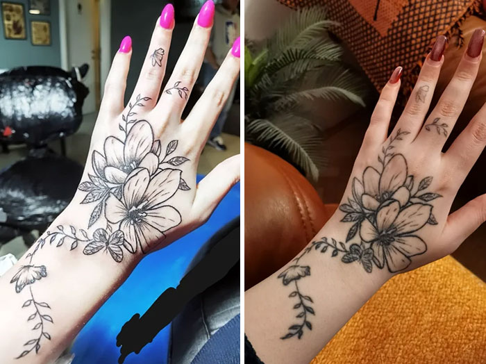 Aged tattoos on hands showing changes over the years, with floral designs and different nail colors.