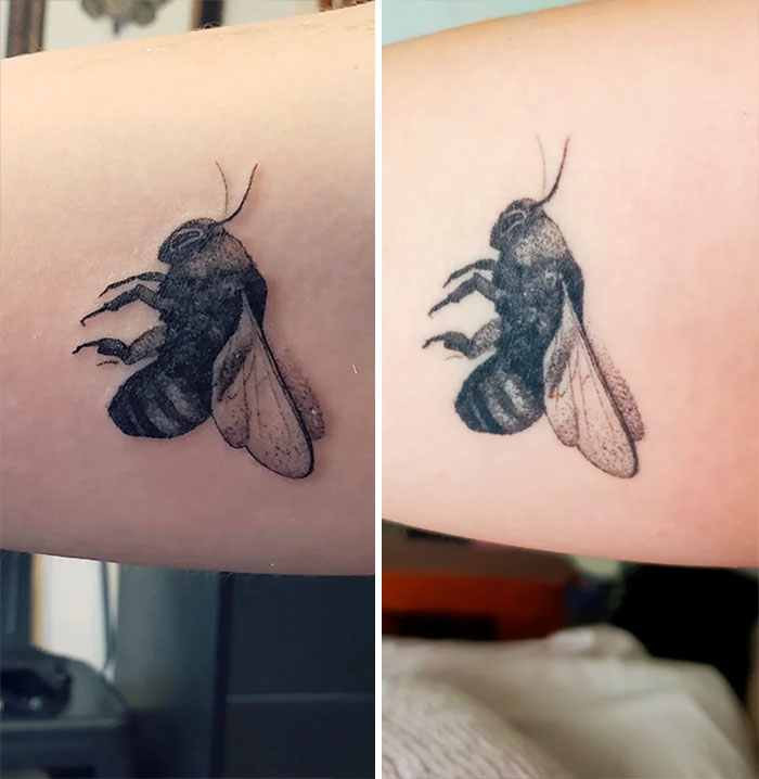 Aged tattoos of a bee on skin, showing ink fading and subtle changes over years.