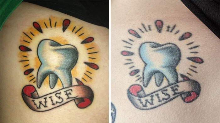 Aged tattoos of a tooth with "wise" banner, showing ink fading and color change over time.
