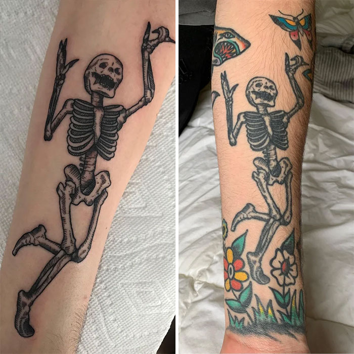 Aged tattoos of a skeleton show how body art evolves over time.