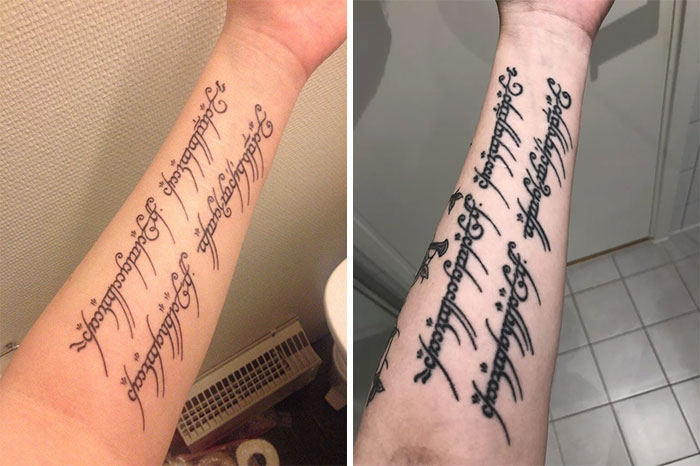 Side-by-side comparison of aged tattoos on an arm, illustrating how ink changes over the years.