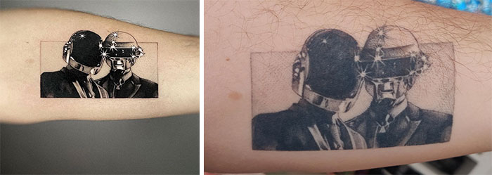 Aged tattoos comparison showing ink fading over the years in side-by-side images.