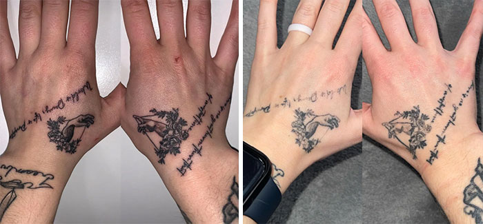 Aged tattoos on hands showing changes over time, with faded ink and altered details.