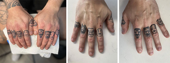 Aged tattoos on fingers, showing how ink changes over the years.