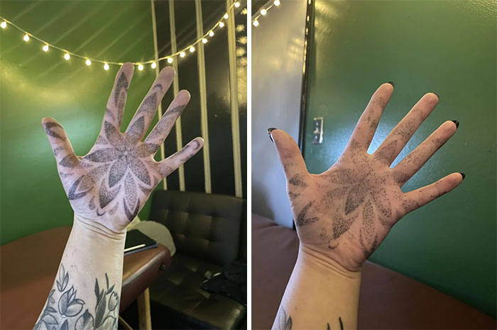 Aged tattoos on hands showing ink fading over the years in a room with green walls and string lights.