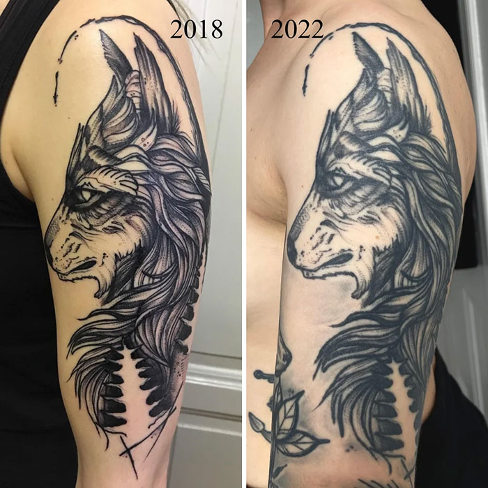 Aged tattoos show fading over years, comparing 2018 and 2022 wolf design on upper arm.