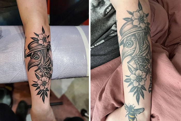 Aged tattoos comparison showing fading and detail change over time on forearm.