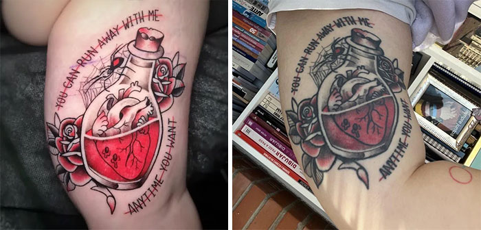 Aged tattoos showing an anatomical heart in a bottle with roses, highlighting ink changes over time.