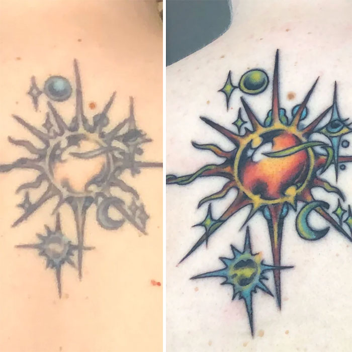 Faded aged tattoo on left compared to vibrant retouched tattoo on right, showing changes over years.
