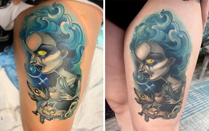 Aged tattoo showing changes over time with blue-haired figure and vivid eyes on a person's arm.