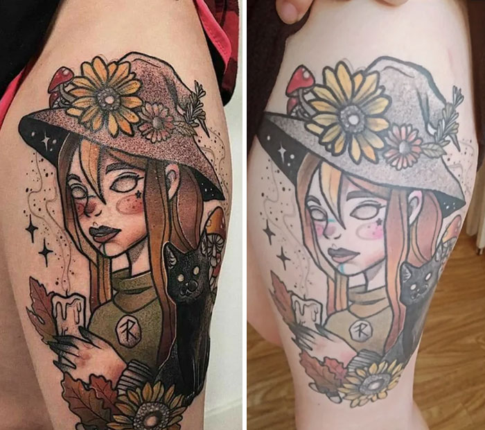 Aged tattoos showing color fade over time on a woman's leg with a witch, flowers, and black cat design.