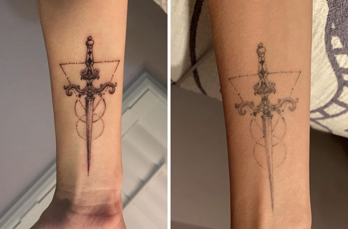 Aged tattoos on forearms showing changes over years, with a detailed sword design fading on the right.