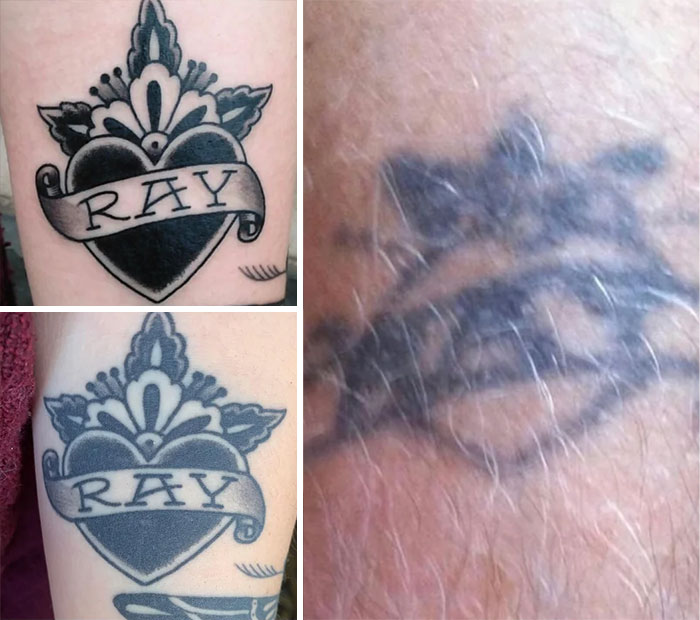 Comparison of aged tattoos showing how they fade and blur over time.