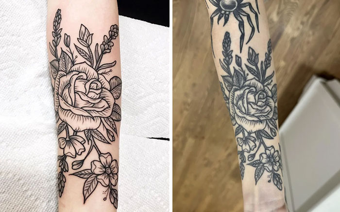 Aged tattoo of a floral design on an arm, showing changes over the years in color and detail.