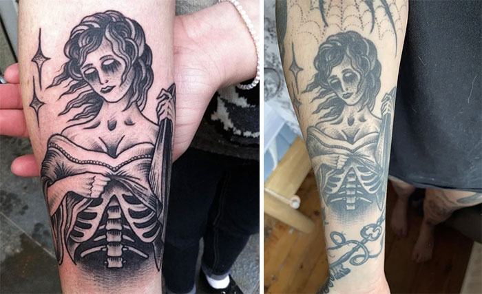 Aged tattoos showing fading and blurring over the years on a forearm design.