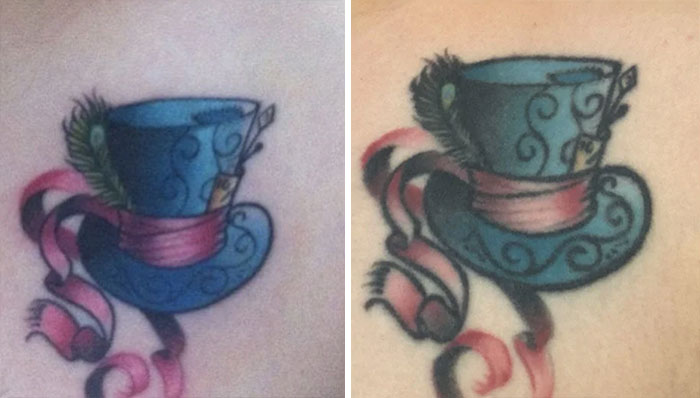 Aged tattoos comparison showing color and detail changes in a decorative hat design over time.