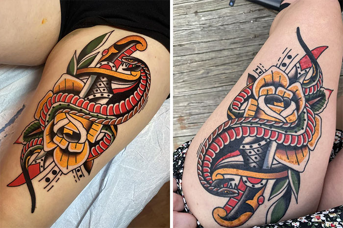 Aged tattoo of a snake and rose on a leg, showing colors and details wearing over time.