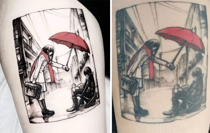 Aged tattoos showing ink fading over time; a girl with a red umbrella offers shelter to a seated figure.