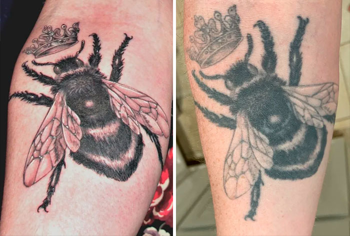 Close-up of aged bee tattoos showing ink changes over the years, with a crown above the bee.
