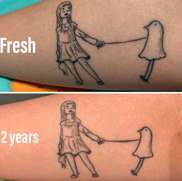 Aged tattoos comparison: fresh versus 2-year-old tattoo of a girl with a bird.
