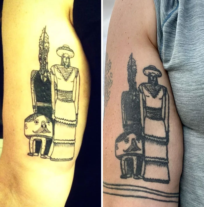 Aged tattoos showing ink fading and line changes over the years, highlighting the impact of time on body art.