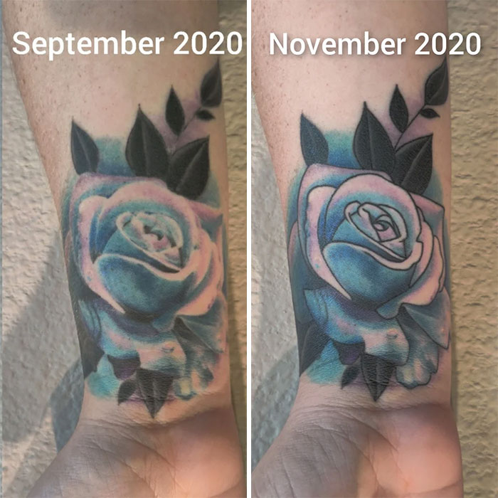 Comparison of aged tattoos, showing color changes in a rose tattoo over several months.