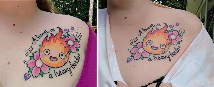 Aged tattoos showing ink changes, featuring a colorful flame design with flowers on a shoulder over the years.