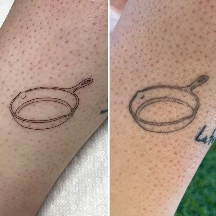 Aged tattoos: comparison of a frying pan tattoo, fresh and after years, showing fading and ink spreading effects.