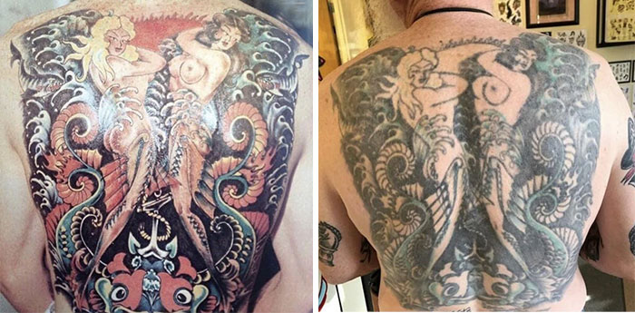 Aged tattoos transformation over years depicted with side-by-side back tattoo comparison featuring intricate designs.