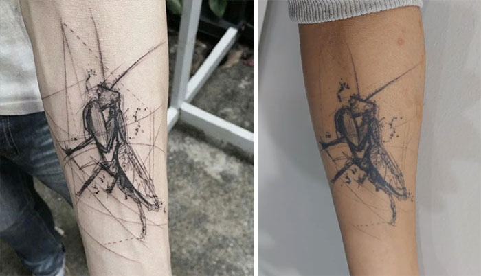 Aged tattoos on forearms show how ink changes over time, with faded lines and altered details.