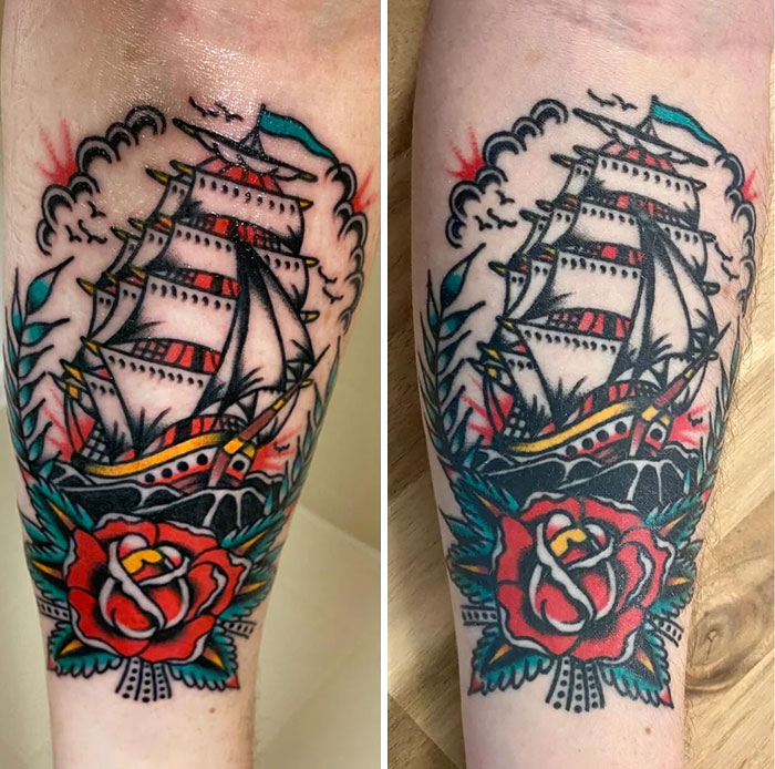 Aged tattoos of a ship and rose, vivid colors showing ink changes over years.