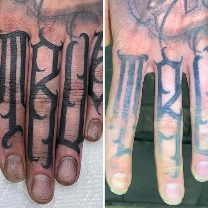 Aged tattoos on fingers showing changes over time.