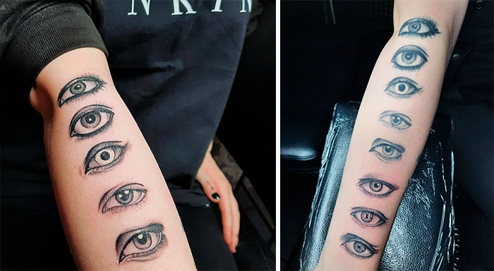 Aged tattoos on a forearm showing multiple eye designs in two stages of aging.