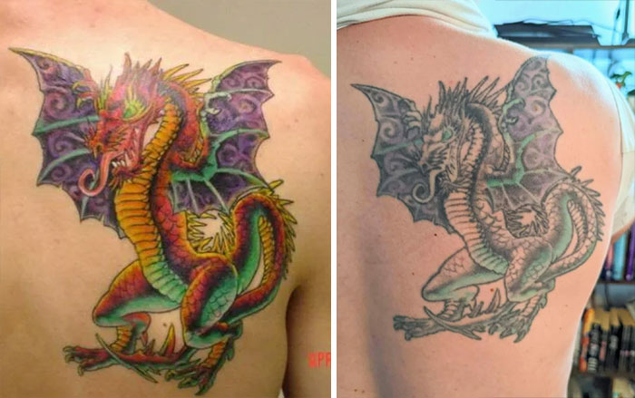 Aged tattoos comparison: vibrant dragon tattoo versus faded dragon tattoo after years.